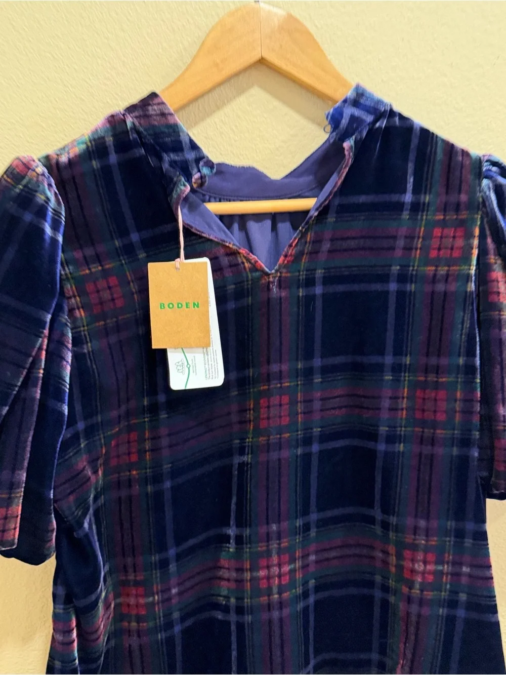 NWT Boden Velvet Plaid Short Sleeve Top - Navy/Deep Burgundy 8